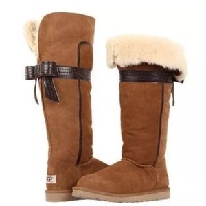 Ugg Australia Genevieve Shearling Lined Leather Bow Detail Over Knee Boot Size 8